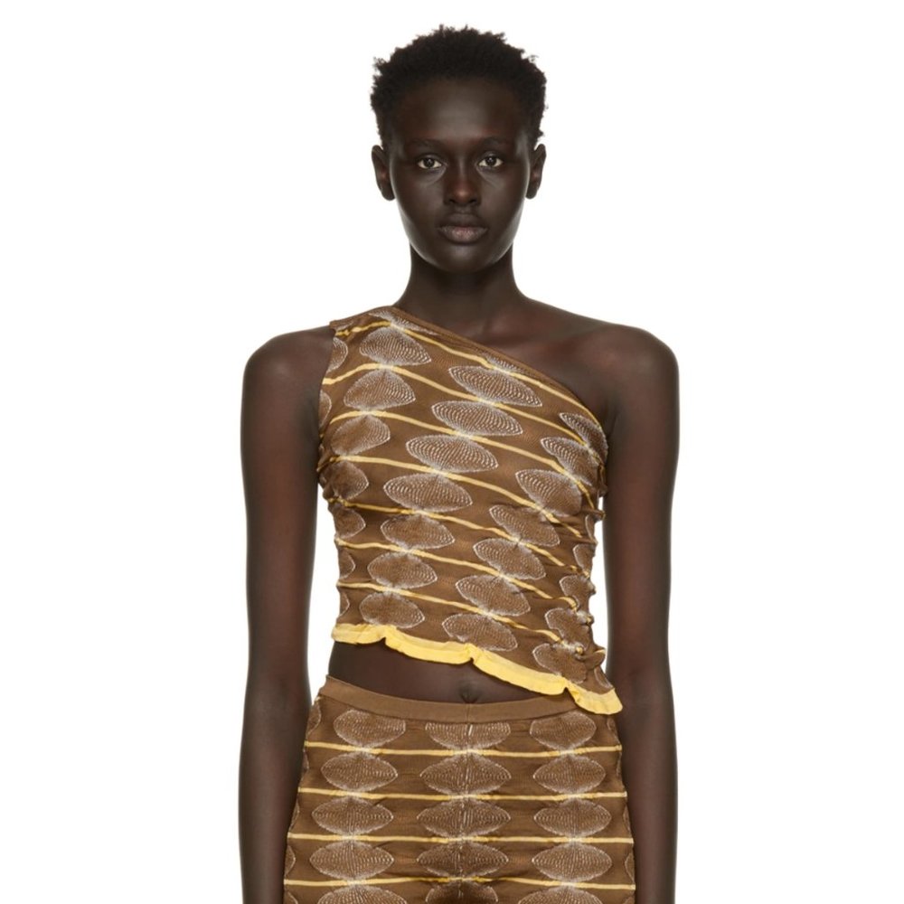 Gimaguas Brown and Yellow One-Shoulder Tank Top with Ruffle